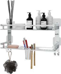 GLOXY 4 in 1 Magic Sticker Bathroom Shelf with Soap Dish with Toothbrush Holder Silver Towel Holder