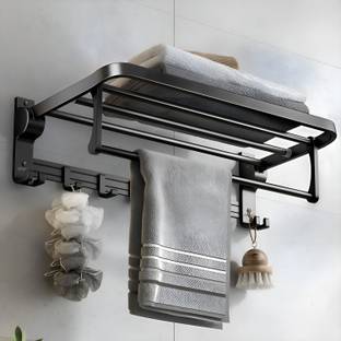 Impulse by Plantex Aluminium Folding Towel Rack with Swivel Towel Rod/Towel Hanger with Hooks (962) Black Towel Holder