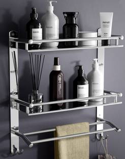 GLOXY by GLOXY Stainless Steel 2 Layer Bathroom Shelf with Towel Rod for Bathroom Accessories Silver Towel Holder