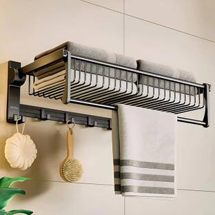 Plantex Aluminium Towel Rack/Towel Rod/Towel Hangar with Hooks/Bathroom Organizer (961) Black Towel Holder