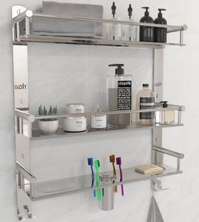 GLOXY Bathroom Shelf and Rack with Double Soap Dish and Toothbrush /Soap Holder Stainless Steel Wall Shelf