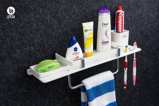 iSTAR New Stainless Steel 4 in 1 Multipurpose Bathroom Shelf – Soap Dish - Tumbler Holder – Toothbrush Holder – Towel Holder - Hanger - Towel Rod Bathroom Accessories Silver Towel Holder