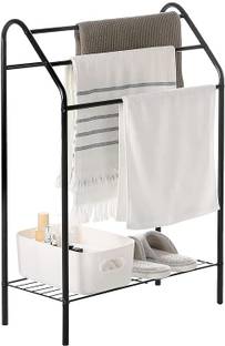 Icon Creartion by Icon Creation Towel Rack with 4 Tiered Bars and Storage Shelf, Laundry Room Drying Rack Stand Black Towel Holder