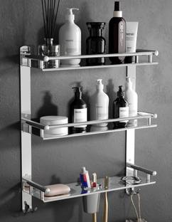 GLOXY by GLOXY 3 Layer Multipurpose Bathroom Shelf with Double Soap Dish and Tumbler Silver Towel Holder
