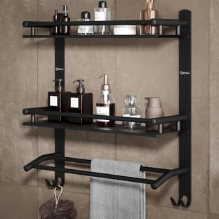 GRIVAN 3 Layer Multipurpose bathroom shelf/rack, with double towel rod and 2 dual hooks BLACK MATTE Towel Holder