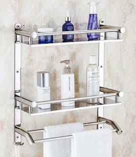 GLOXY by GLOXY Stainless Steel Double Layer Shelf with Towel Road,Multipurpose Wall Mount Bath Shelf Organizer,Kitchen Shelf shelves/Bathroom Shelf and Rack/Bathroom Accessories Silver Towel Holder