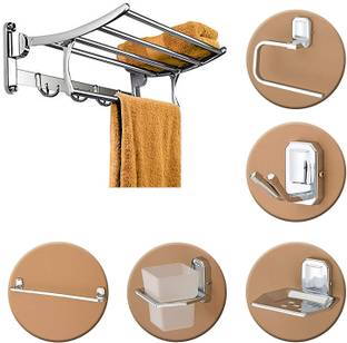 Plantex Stainless Steel Folding Towel Rack with Cute Bathroom Accessories Set-5 pieces Silver Towel Holder