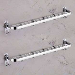 Plantex Anti Rust Folding Towel Rod with Hooks/Towel Rack 4 Bathroom Accessories-24 inch Silver - Chrome Towel Holder