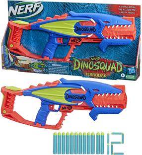 Nerf DinoSquad Terrodak 4 Dart Blasting, Dart Storage, 12 Elite Darts for Kids Guns & Darts