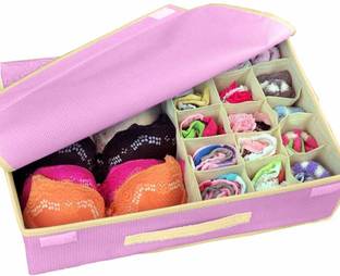 Crownsy Lingerie Storage Organizer Undergarments Organizer With Lid Non-Woven Drawer Dividers Innerwear Wardrobe Organizer Foldable Storage Box Organiser for Wardrobe Closet -(PACK OF 1)- Pink