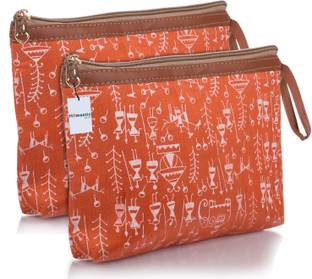 HOMESTIC Canvas Waterproof Warli Print Travel Toiletry Pouch with Handle|Pack of 2|Orange Travel Toiletry Kit