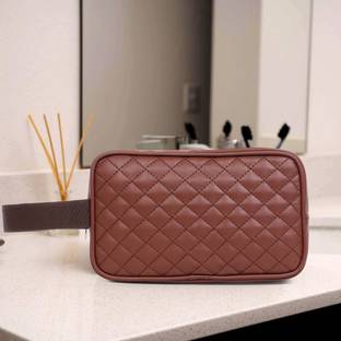 Astute Check Quilt feel Cosmetic pouch with strap - Brown Travel Toiletry Kit