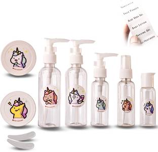 GRITSPARK Unicorn Travel Cosmetic Bottles Jar & Container Set | Refill Spray Pumps | 11PCS Travel Toiletry Kit