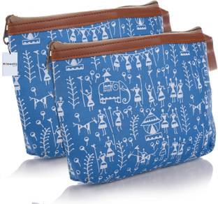 HOMESTIC Canvas Waterproof Warli Print Travel Toiletry Pouch with Handle|Pack of 2|Blue Travel Toiletry Kit