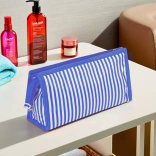 KUBER INDUSTRIES PVC Waterproof 3 Compartments Toiletry Kit Organizer | Lining Print - Blue Travel Toiletry Kit