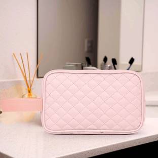 Astute Check Quilt feel Cosmetic pouch with strap - Pink Travel Toiletry Kit