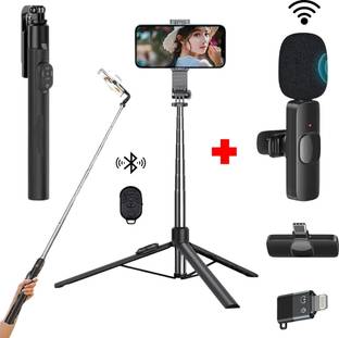 GADGETSWEAR (Combo with Wireless Mic) Selfie Stick with Tripod, 360 Degree Rotating Tripod Kit