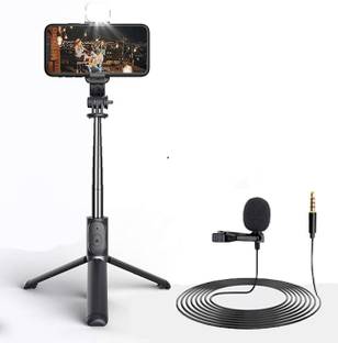 POZUB 3in1 Bluetooth Selfie Stick Tripod Remote with Selfie Light +Collar Microphone Tripod