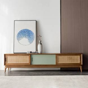 NG Decor Cottage Walnut TV Stand for 80 inch TV with 2 Drawers & 2 Doors & Rattan Engineered Wood TV Entertainment Unit