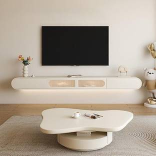 NG Decor Modern White Floating TV Stand with Drawers, Tempered Glass Door Engineered Wood TV Entertainment Unit