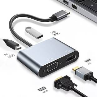 microware  TV-out Cable USB C 4 in 1 VGA HDMI Multiport Adapter,4K HDMI,VGA,100W Charging port
