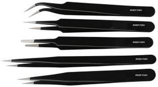 RIVER FOX THE PUJARA Safe Anti-Static Tweezers Black, Pack of 5 Straight & Curved Point