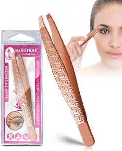 MAJESTIQUE Slant Tip Tweezer, 3D Touch Stainless Steel Eyebrow Plucker Facial Hair - Gold