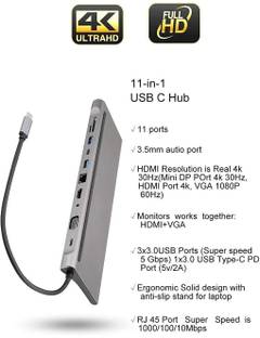 VOOCME USB C 4K HDMI Multiport Adapter Hub with RJ45 Ethernet Port VGA, 3 USB 3.0, SD/TF Card Reader, 3.5mm Audio, Type C 11in1 Hub VM-7548 USB Hub