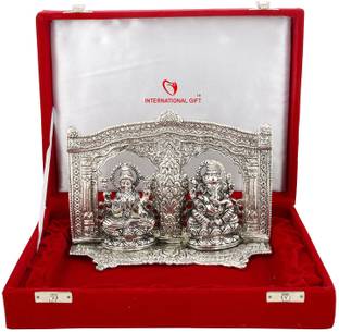 INTERNATIONAL GIFT Silver Plated Laxmi Ganesh Idol With Box & Bag | For Pooja, Mandir Decorative Showpiece  -  14 cm