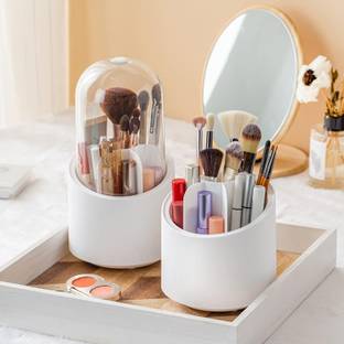 DIYASALES 360°Rotating Makeup Brushes Organizer with Lid Cosmetic Brush Storage Box Cosmetic Vanity Box
