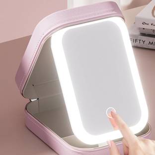 Dejmin Three-Color Variable Light Makeup Mirror,LED OneWay Mirror Cosmetics StorageBag Makeup Storage Box with LED Light Mirror- Portable Travel Makeup box Vanity Box