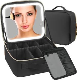 LepdoCart Leather Travel Makeup Bag With Led Lighted Make Up Case With Mirror Cosmetic Box Cosmetic Organizer Vanity Box