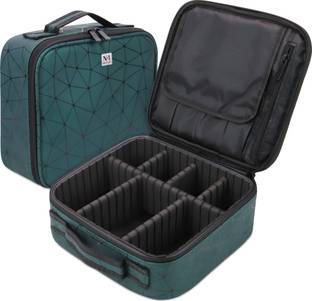 NFI essentials PU Diamond Print Makeup Box Cosmetic Makeup Kit Professional Storage Organizer Travel Toiletry Vanity Make Up Bag Beauty Case For Travel with Adjustable Compartment Makeup Vanity Box