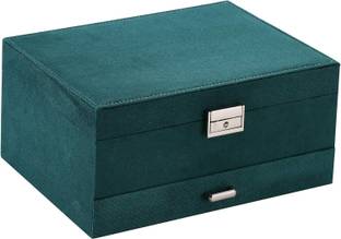 BUCKETLIST ®Vintage Green Flannel 3Layers Large Capacity Retro Velvet Storage Box with Lock for Earrings, Necklaces, Bracelets, Rings and Watches Vanity Box