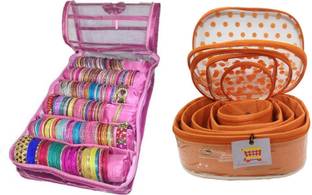ultimatefashionista Combo Of 2 Pieces Set of 5 kit Storage 6 Rods Satin vanity box Vanity Box, makeup storage,jewellery box,(pink,orange) vanity box Vanity Box