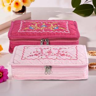 KUBER INDUSTRIES Pack of 2 Embroidery 7-Compartment Jewellery Kit For Women | Dark & Light Pink Jewellery Kit Vanity Box