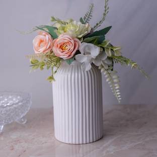 amshus 6 Inch White Ribbed Ceramic Vase | Glossy Finish | Elegant Modern Home Décor Ceramic Vase