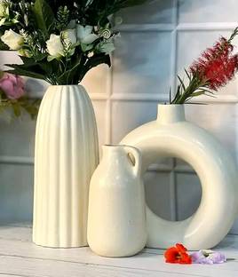 GleamSun Ceramic 3 Pcs Flower Vase, Off White Color. Ceramic Vase