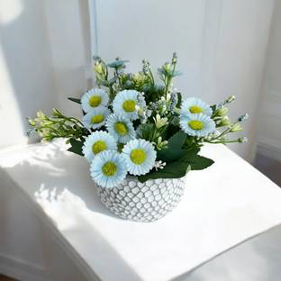 Art Street Artificial Flowers with Cement Vase, White Daisy Sunflower Bouquet Silk Flower Terracotta Vase