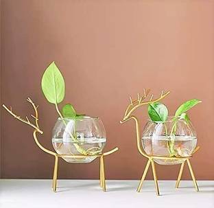 CLICKNECT Glass Planter Holder Deer Glass Pot| Glass Flower Pot| Glass Flower Round Vase Iron Vase