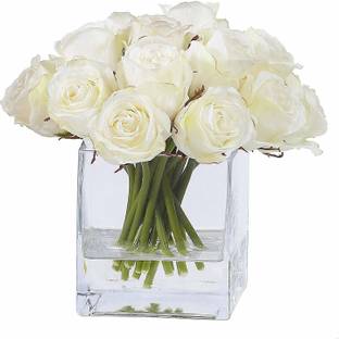 TIED RIBBONS Faux White Rose Flowers with Square Glass Vase for Home Decor, Center Table, Bedroom, Side Corners, Living Room Glass Vase