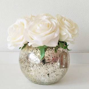 TIED RIBBONS Faux Yellow and White Rose Flowers with Mercury Glass Vase Decorative for Home Decor, Center Table, Bedroom, Side Corners, Living Room, Dining Room Glass Vase