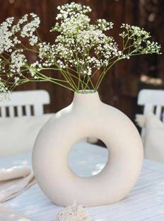 TOTOS MART Minimalist Donut Ceramic, Hollow Circle Matte Vase, Sculptural Ring Ceramic Vase