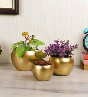 Homing Thistle Gold Finish Apple Shape Metal Planter for Office, Indoor & Outdoor Decor Iron Vase