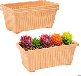 HOMESTIC 3 Pcs Rectangular Plastic Flower Pot Planter | Marble Jupitar - Beige Plastic Vase