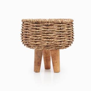 Jyotis Woven Jute Rope Plant Stand Set, Decorative Basket with Wooden Legs Jute Vase