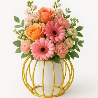 Nestloom Decor Metal Planter Pot With Round Metallic Gold Stand | Table Top Designer Iron Vase