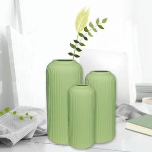 TheKraftLane 'Green Flute Vase' | Decorative Flute Vase for Dried Flowers - Set of 3 Ceramic Vase