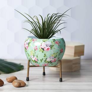 DECO CRAFTS Floral Printed Designer Metal Pot on Stand Iron Vase
