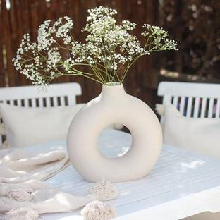 TOTOS MART Minimalist Donut Ceramic, Hollow Circle Matte Vase, Sculptural Ring Ceramic Vase